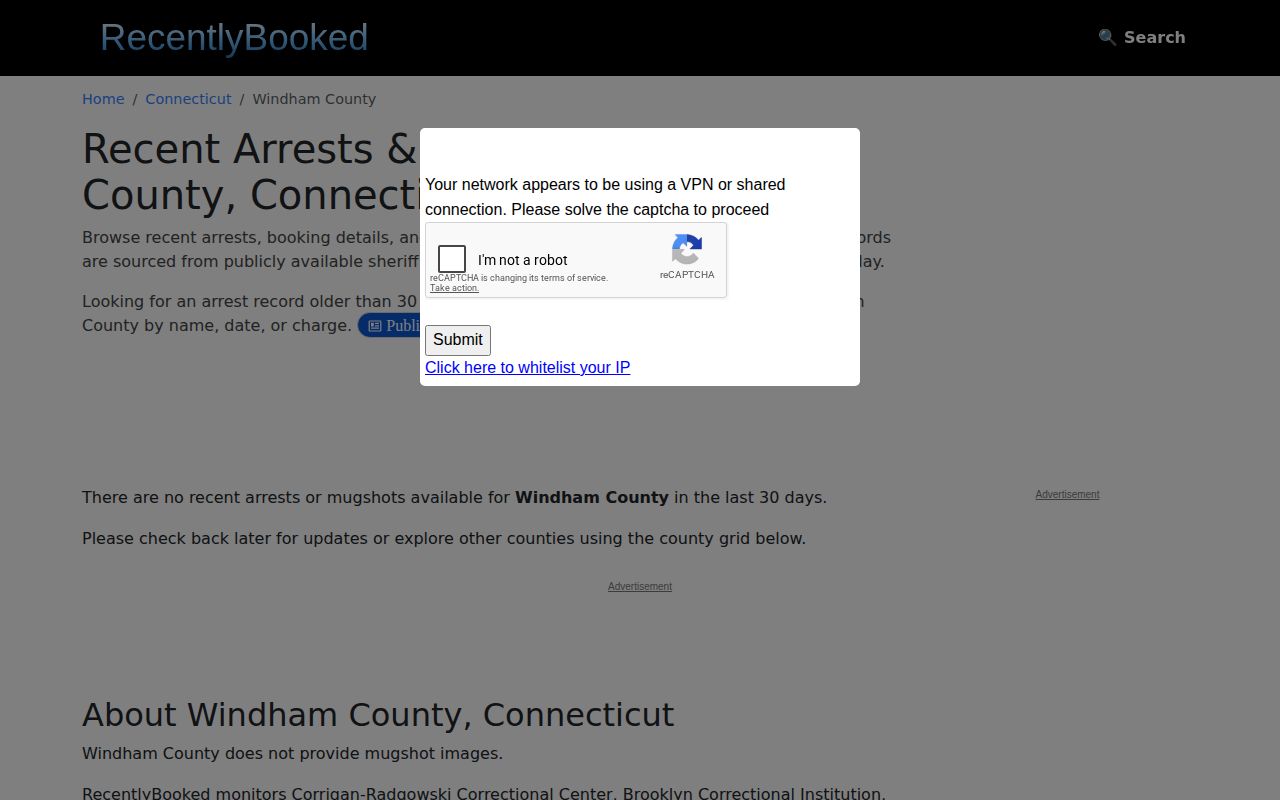 Recently Booked empty Windham County mugshot and arrest news view