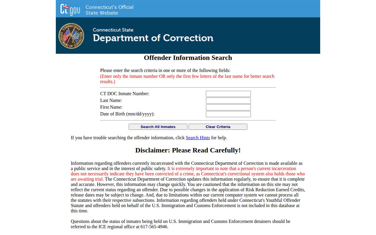 Windham County state custody offender record search