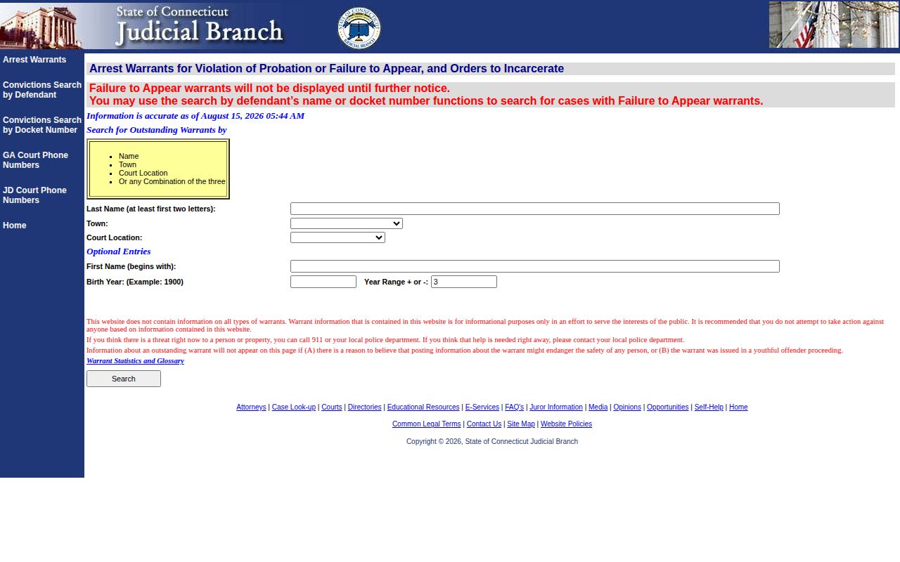 Connecticut VOP search for Windham County violation of probation warrants